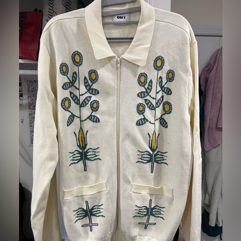 Obey Floral Embroidered Cream Cardigan